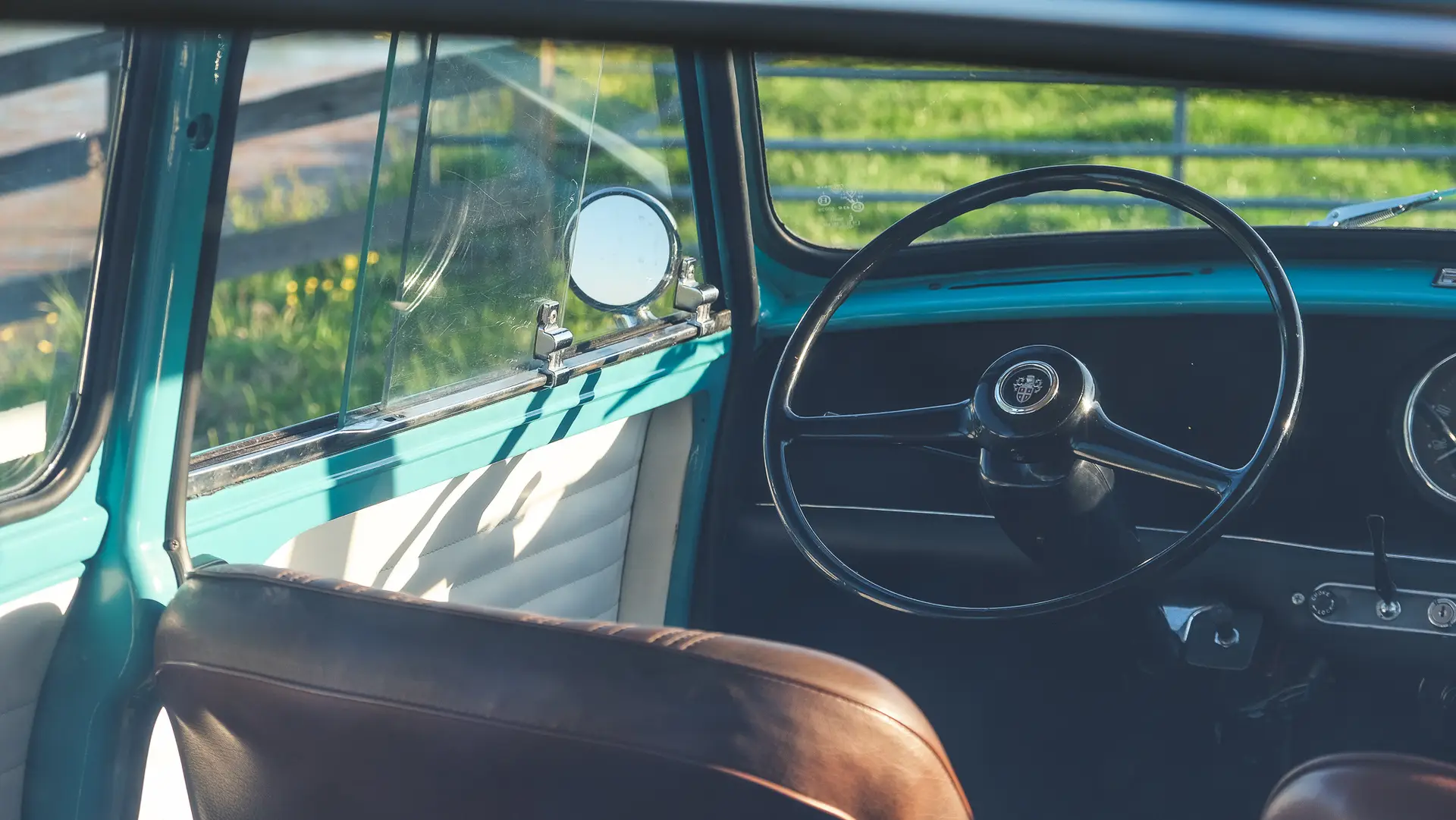The steering wheel of an Austin Mini Cooper S