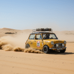 Mini classic in full DAKAR off road style in the dunes of marokko