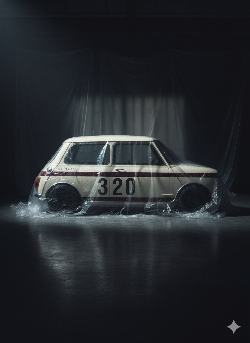 Mini Dolomiti coming soon, white mini classic with red stripes and number 320, inspired by the dolomite mountains photographed in a photo studio