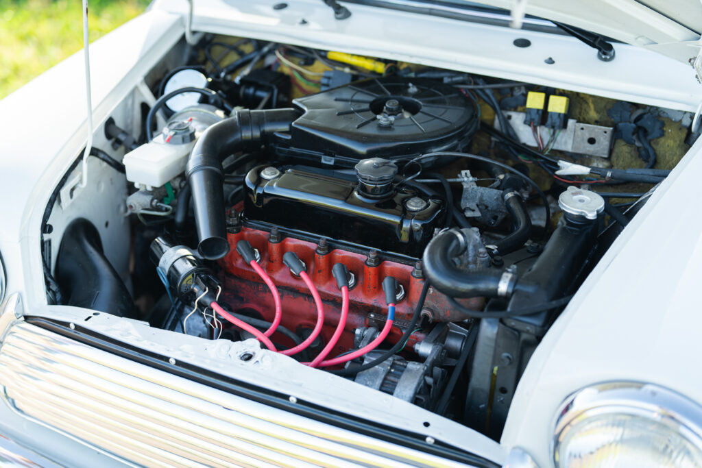 Detailed view of the 1275cc Mini Matic engine in a 1992 Mini Classic Automatic, Brooks Motors.