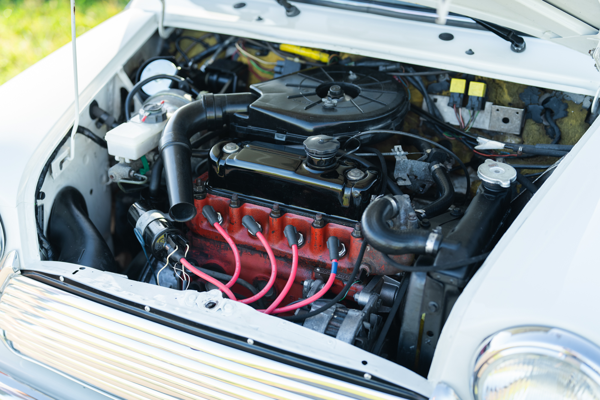 Detailed view of the 1275cc Mini Matic engine in a 1992 Mini Classic Automatic, Brooks Motors.