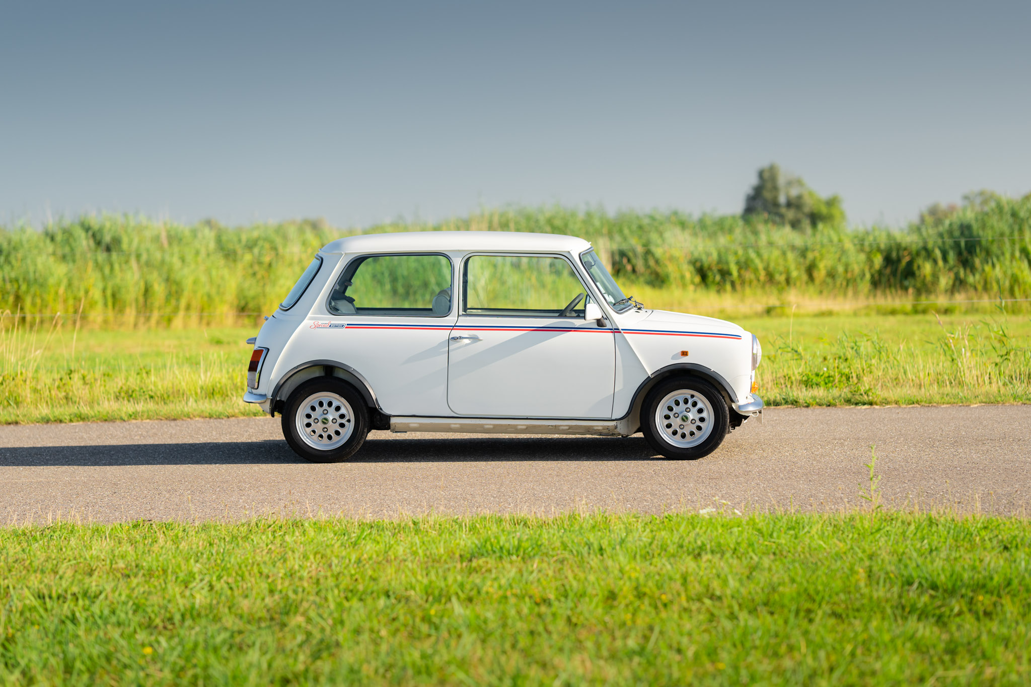 Side profile of the white 1992 Mini Classic 1.3 Automatic.