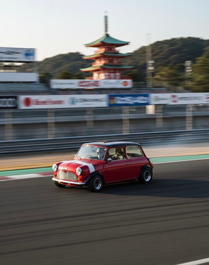 Suzuka Mini driving on a circuit in japan, custom build mini made by brooks motors
